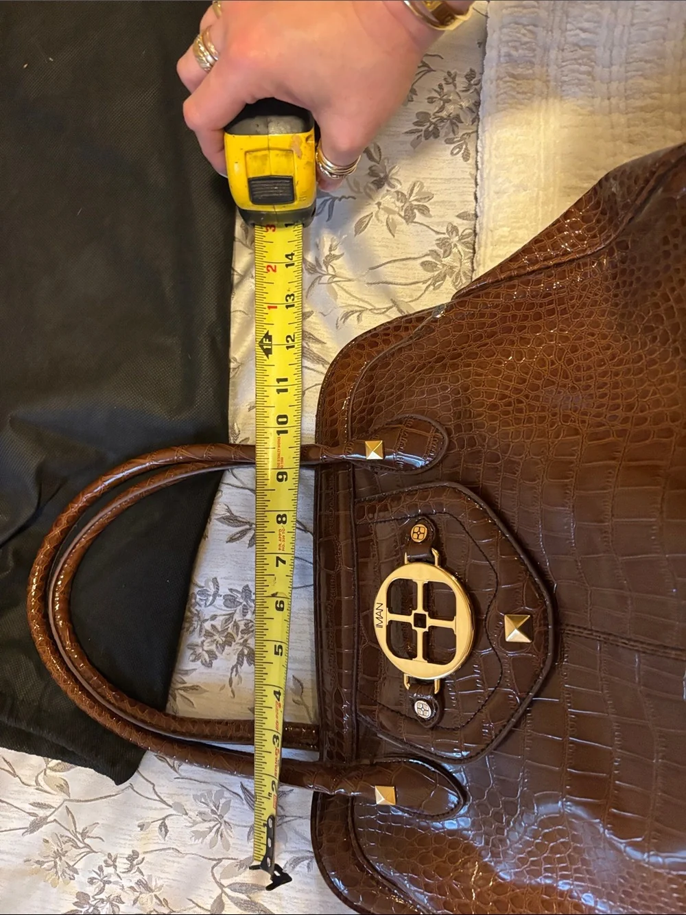IMAN Dark Brown Croc-Embossed Tote with Gold Accents